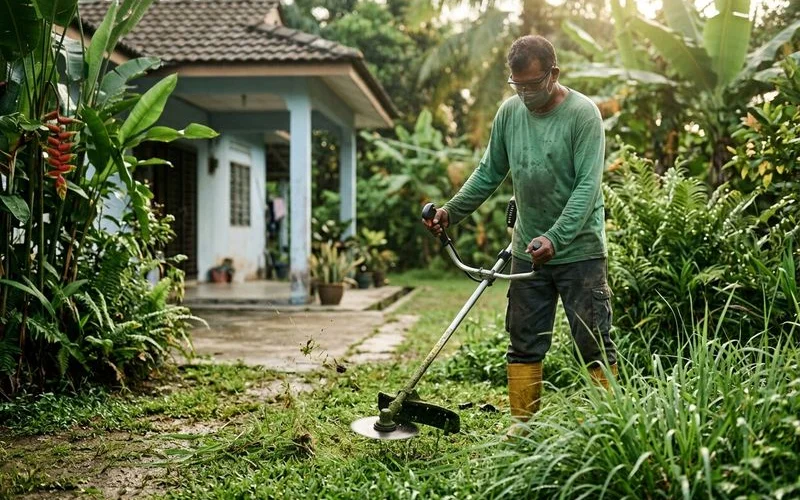 Brush cutter trimming damp grass after rain, water droplets on blades