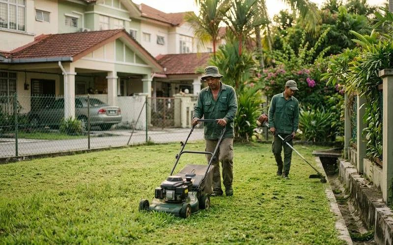 Crew cutting a neat suburban lawn on a fortnightly schedule