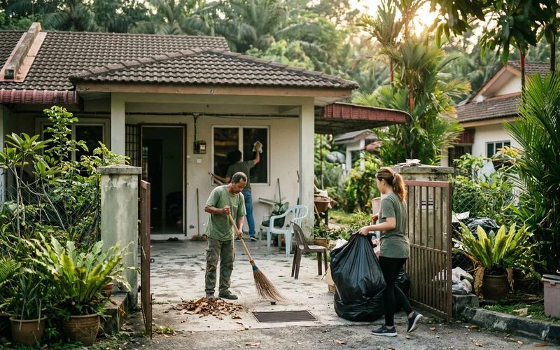 Crew quickly clearing a compound before a viewing