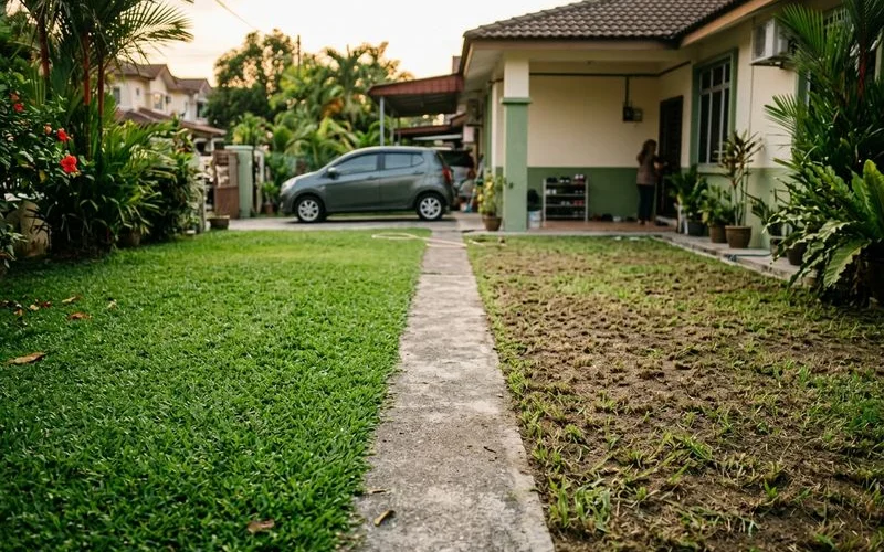 Evenly cut grass vs scalped patchy grass comparison