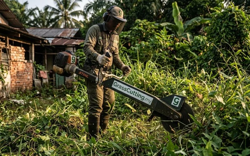 Heavy-duty brush cutter tackling waist-high overgrowth during a rescue visit