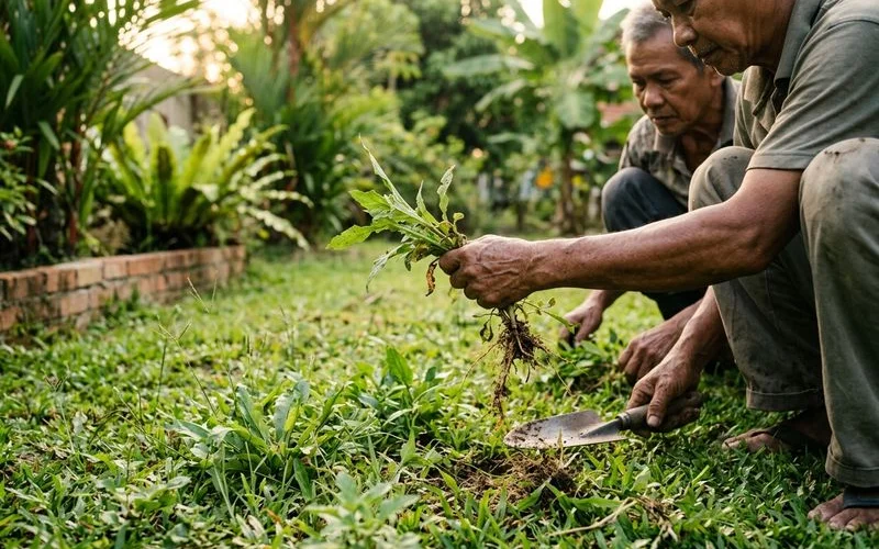 Manual weeding — hands pulling weed roots from a lawn