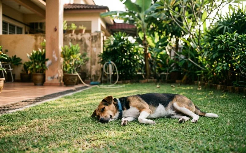 Pet dog resting on a clean dry lawn after treatment