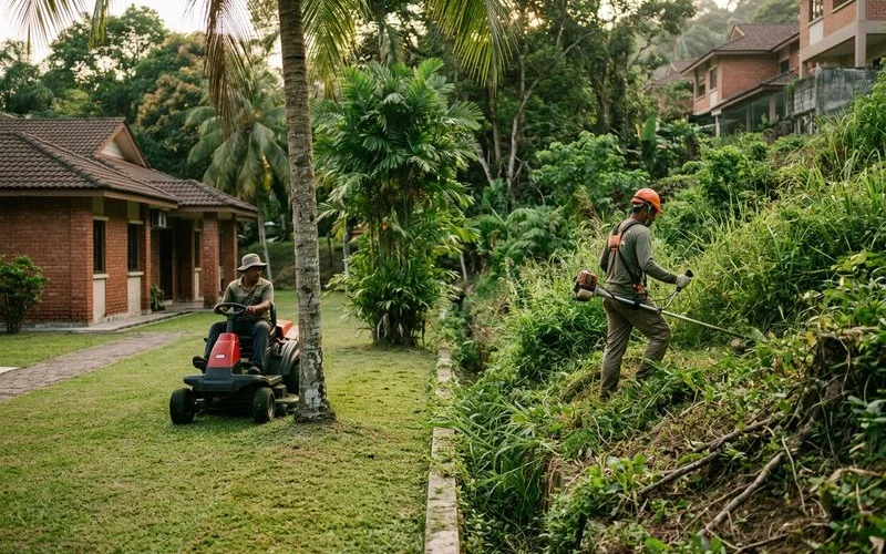 Ride-on mower vs brush cutter on uneven overgrown terrain