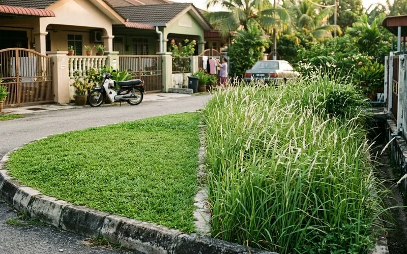 Short healthy carpet grass vs overgrown patch side by side
