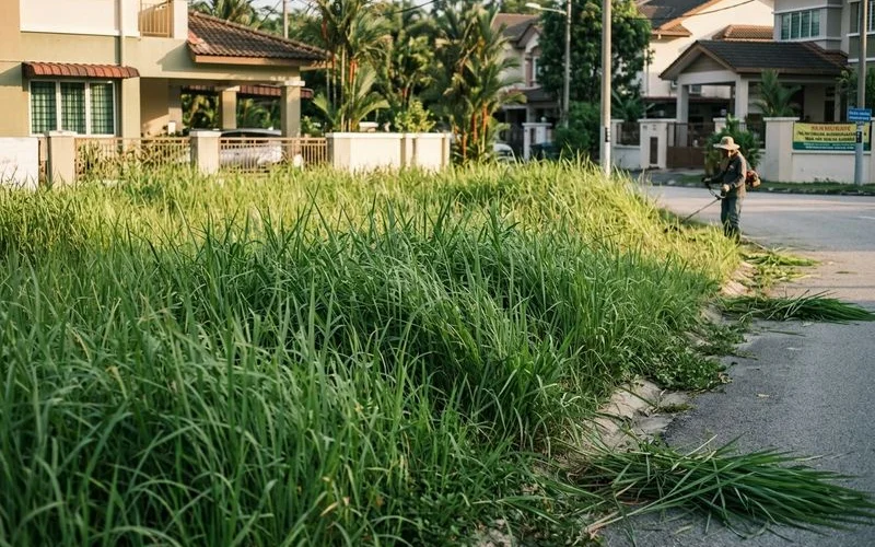 Waist-high lalang covering the vacant lot before clearing