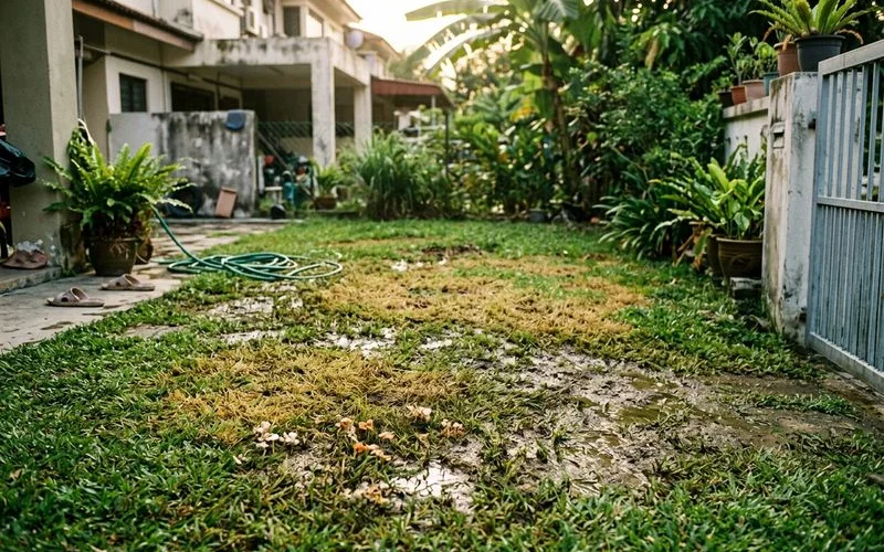 Waterlogged lawn patch with fungal disease after wet-season scalping