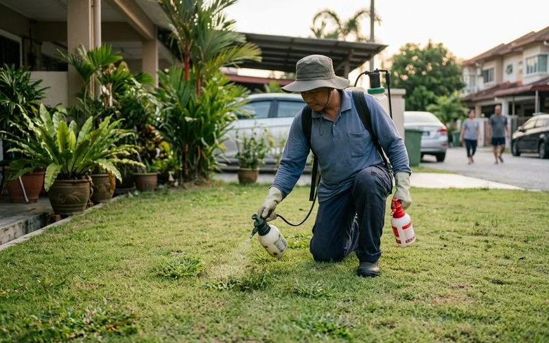 Worker spot-spraying weeds in an otherwise healthy lawn