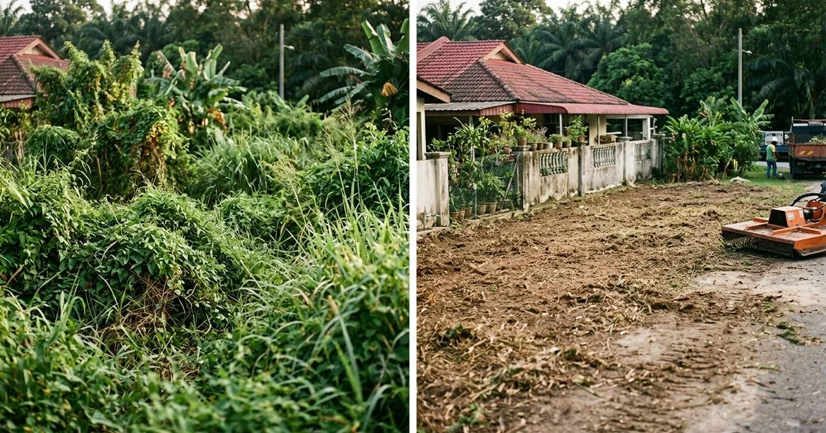 Before-and-after of a vacant Kota Damansara lot cleared of waist-high lalang