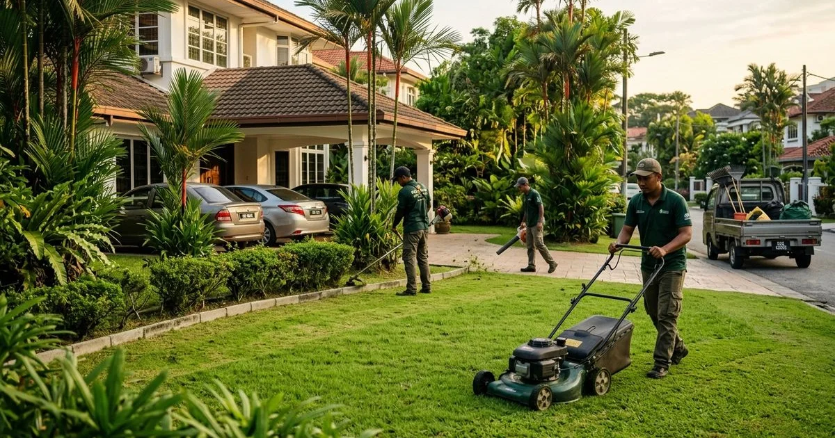 Crew completing a full lawn service in a PJ compound