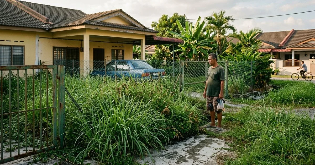 Knee-high overgrown grass in a residential compound after months of neglect