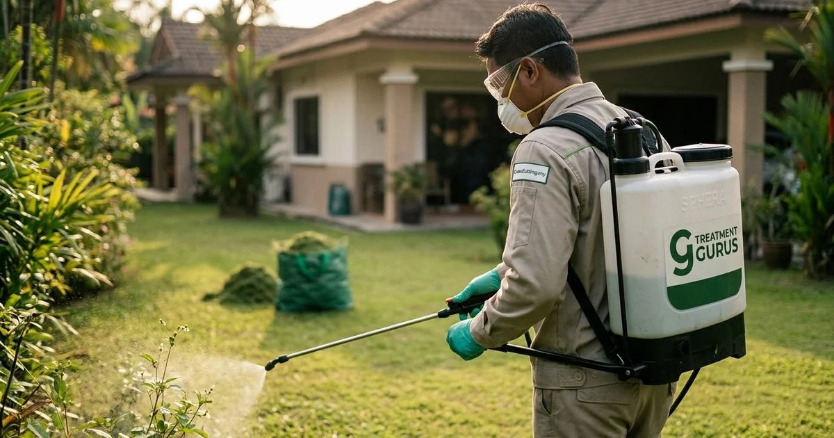 Licensed technician in PPE applying selective racun spray to a PJ lawn