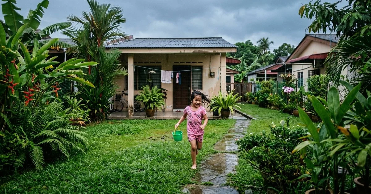 Lush green tropical lawn under overcast monsoon sky in a Klang Valley suburb