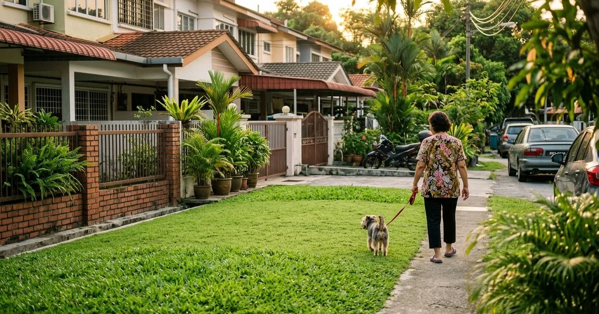 Neatly cut tropical cow-grass lawn in a PJ terrace compound at golden hour
