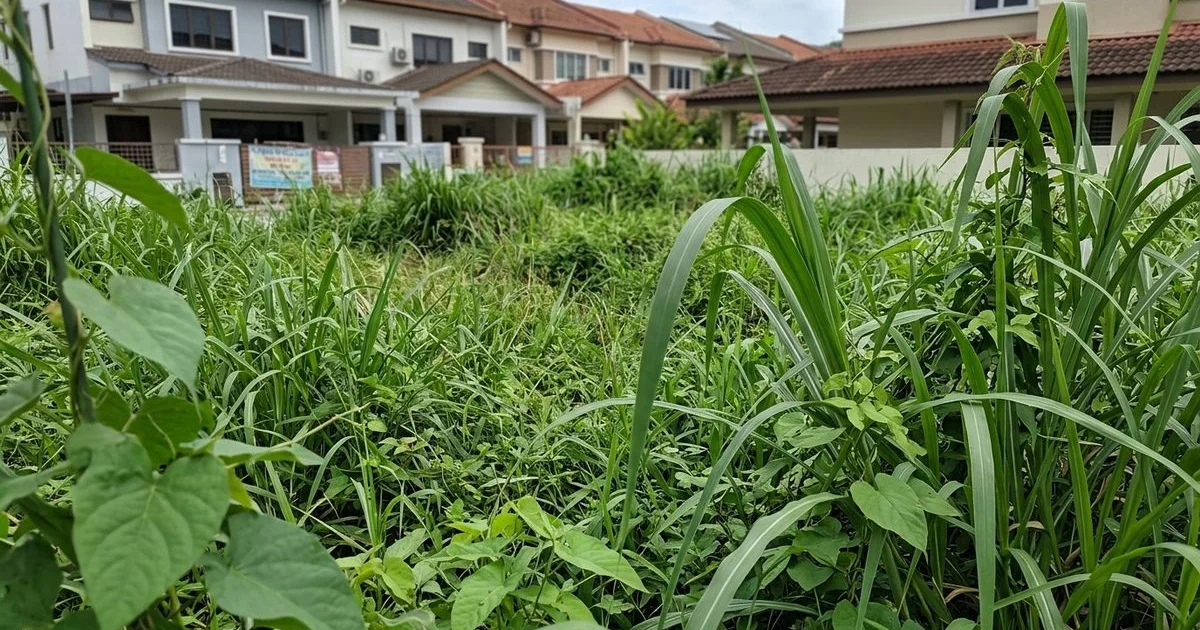 Neglected overgrown vacant plot beside developed homes in a PJ suburb