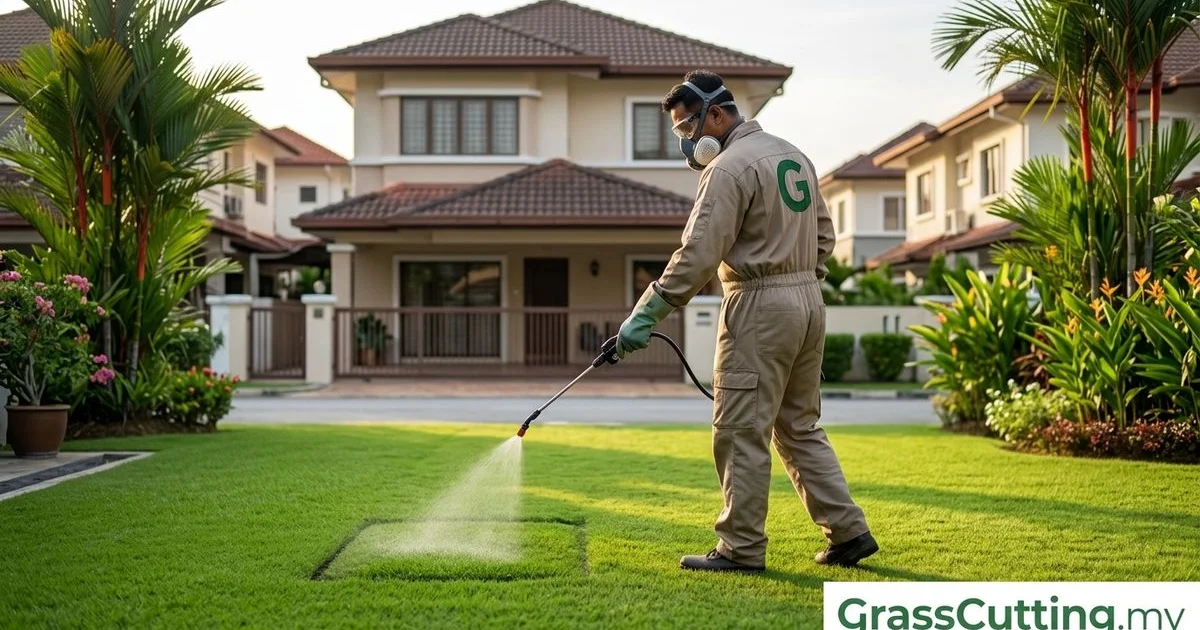Worker in full PPE carefully spraying a defined lawn area, family home behind
