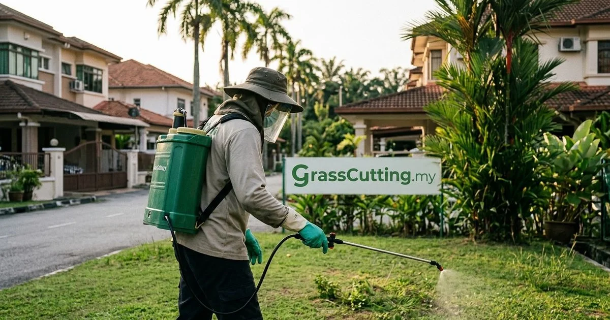 Worker in PPE using a knapsack sprayer on lawn weeds